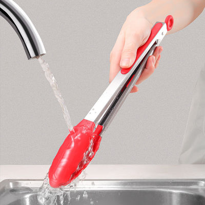 Κόκκινο Σιλικόνιο Clamp Stainless Steel Kitchen Grill Tongs για εξωτερικό κάμπινγκ BBQ Buffet