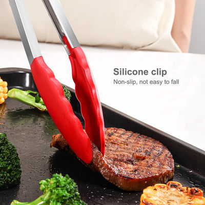 Κόκκινο Σιλικόνιο Clamp Stainless Steel Kitchen Grill Tongs για εξωτερικό κάμπινγκ BBQ Buffet