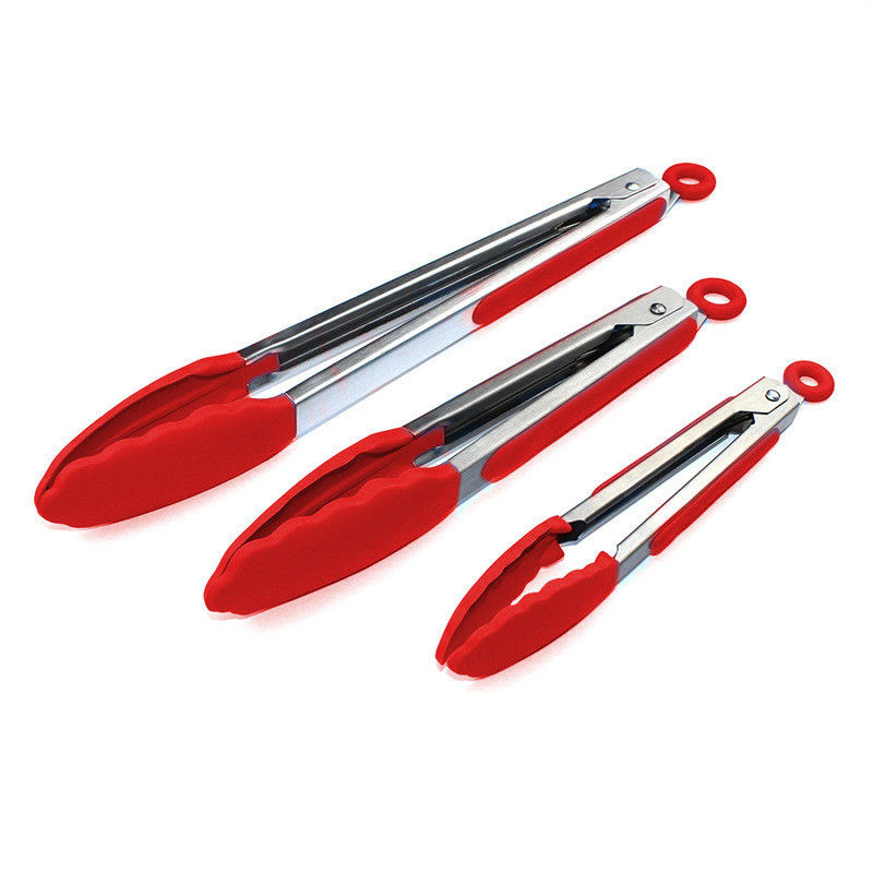 Κόκκινο Σιλικόνιο Clamp Stainless Steel Kitchen Grill Tongs για εξωτερικό κάμπινγκ BBQ Buffet